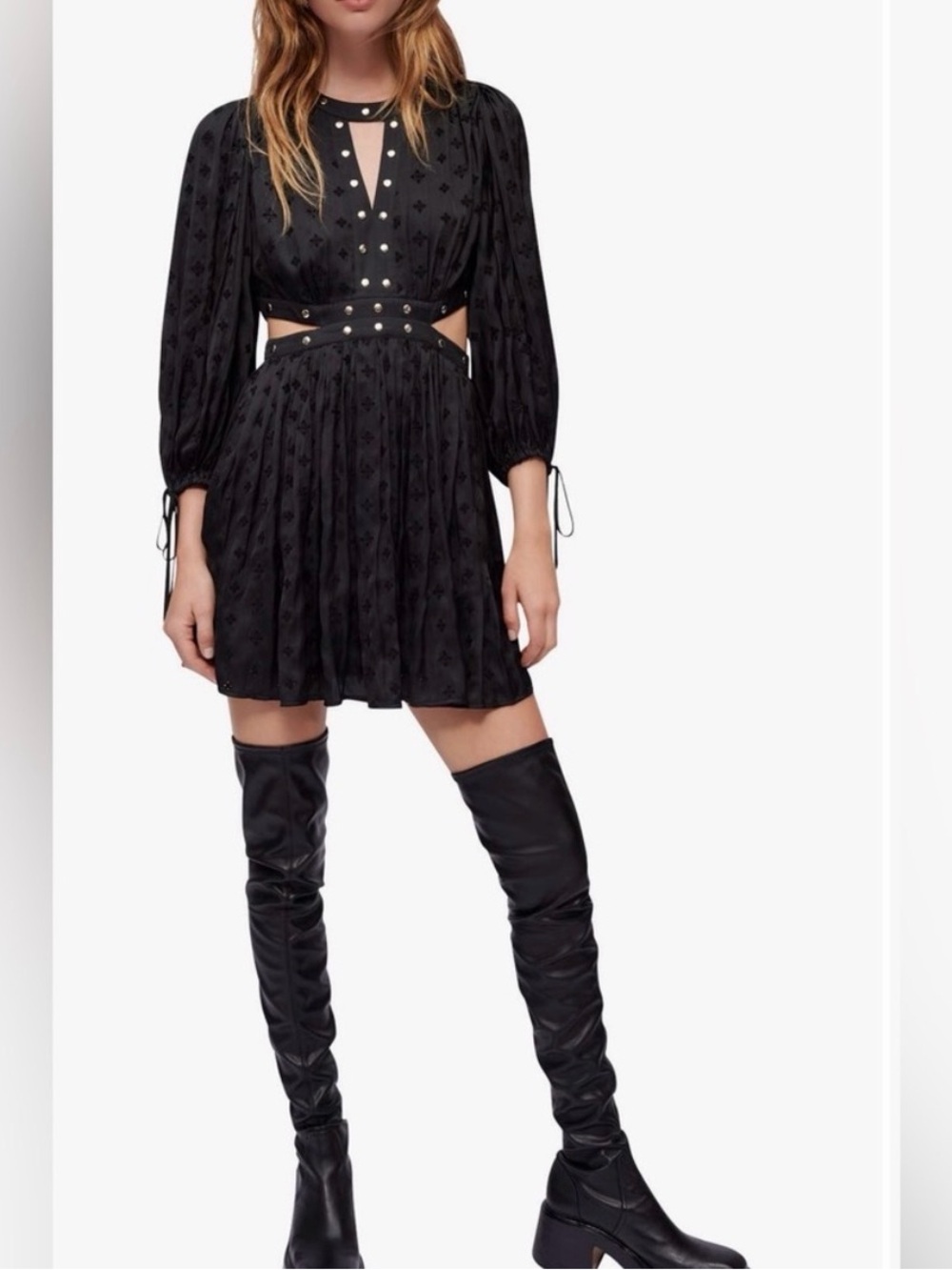maje Black Studded Cut Out Mini Dress Balloon Sleeve size 6 Short flowing dress